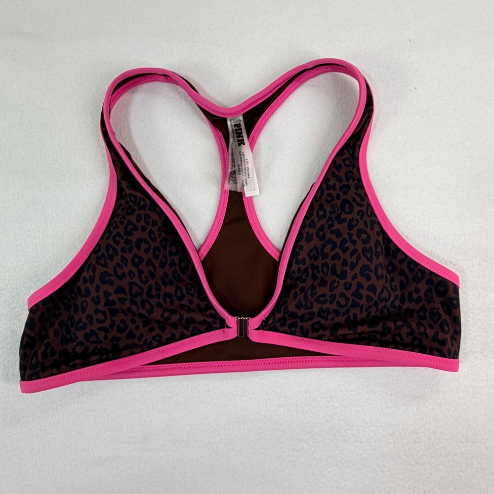 PINK Women Bikini Top Large Burgundy Leopard Print Racerback Front Clasp